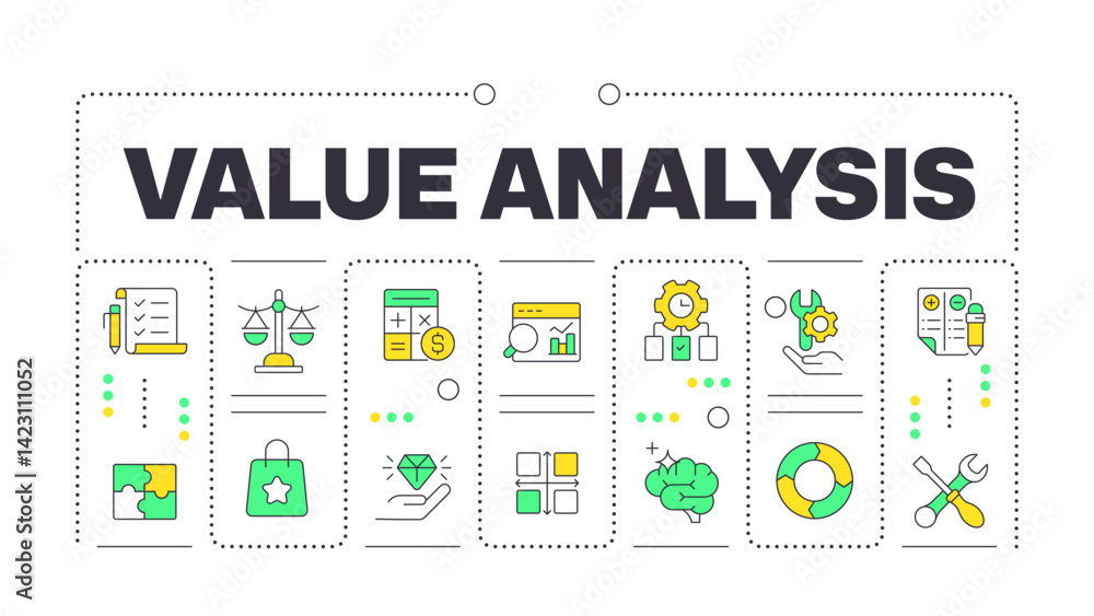 Aufkleber value analysis word concept isolated on white. problem solving, workflow. process management. creati