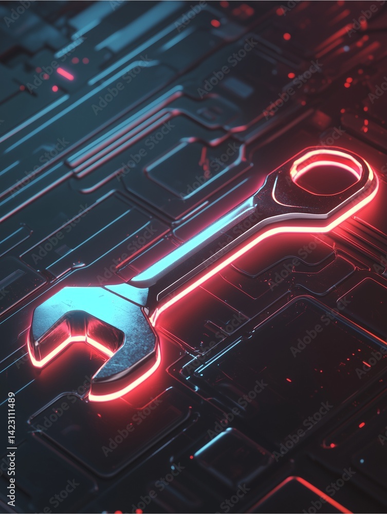 Aufkleber illuminated spanner on tech circuit board: a luminous spanner takes center stage, its neon outline g