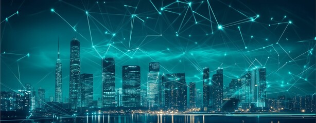 Digital Skyline: A stunning composition of a cityscape seamlessly interwoven with a digital network, depicting the modern interconnectedness of urban life and technological advancement.