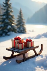 Winter Wonderland Presents on a Sled, a Festive Scene of Gifts Wrapped in Brown Paper with Red Ribbons, Resting on a Wooden Sleigh in a Snowy Landscape