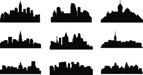 City Skyline Silhouette Vector Pack with Urban Architecture Buildings Skyline Icons in Black Minimal Design