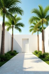 Serene Courtyard Pathway with Lush Palm Trees and a Minimalist White Wall