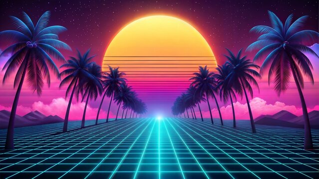 Floating Island with Surreal Neon Effects