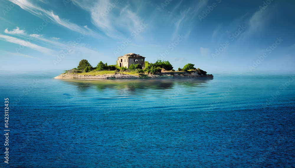 Poster serene island landscape with a building surrounded by calm waters