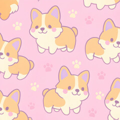 Obraz premium Cute pastel corgi puppies seamless pattern with paw prints kawaii design minimal aesthetic environment