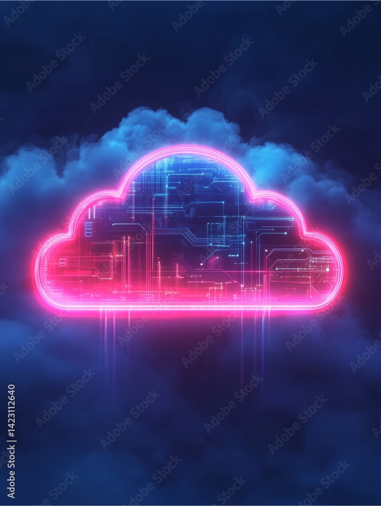 Poster neon cloud digital: a futuristic digital rendering of a cloud, bathed in vibrant neon light and intr