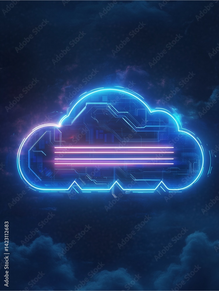 Poster cloud computing digital abstract: a vibrant, illuminated cloud icon shines against a dark background