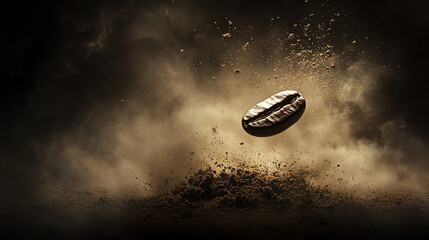 A dynamic shot of a coffee bean exploding mid-air, creating dust particles against a dark, smoky background. Perfect for high-end coffee ads and commercial use