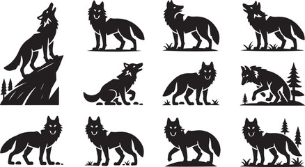 Fototapeta premium Wolf Silhouette Vector Collection with Howling Pack Forest Wildlife Nature Icons in Minimal Black Style