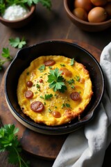 Savory Egg Custard with Seasoned Sausage and Fresh Herbs in a Cast Iron Pan