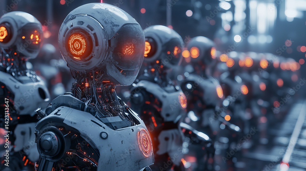Poster advanced robotic technology futuristic white robots assembly line ai 3d grey dark scene image modern