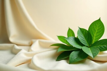 Fototapeta premium Creamy Draped Fabric with Vibrant Green Foliage, a Serene and Elegant Composition Perfect for Product Displays or Natural Beauty Themes