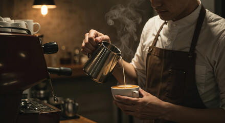 coffee is poured from a coffee pot into a cup . Generative AI