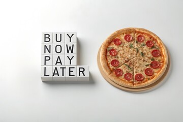 Pizza and 'Buy Now Pay Later' blocks.  Food delivery concept.