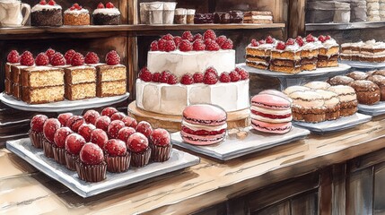 A vibrant display of assorted pastries and cakes in a cozy bakery setting with wooden shelves
