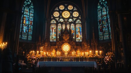 Obraz premium Golden altar and lit candles illuminating stained glass windows in church. Ai generative