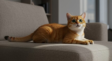 Golden Rosetted Cat Lounging on Stone Chaise with Emerald Eyes Alertly Gazing in Natural Light Indoor Setting Furry Feline with Relaxed Posture and Striped Tail
