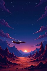 Fototapeta premium A futuristic spacecraft soars above a crimson alien landscape at sunset, casting a long shadow across the otherworldly terrain, under a deep twilight sky dotted with stars.