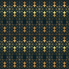 Fototapeta premium Elegant Gold Geometric Pattern. Luxurious Seamless Golden Square and Triangle Geometric Pattern on Dark Background for Elegant Designs