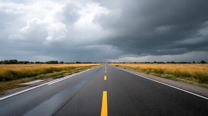 Fototapeta premium Open highway stretching into a dramatic sky with dark clouds and golden fields under a moody atmosphere