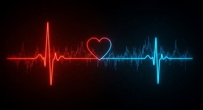 Fluorescent heartbeat rhythm with heart symbol and sound wave backdrop
