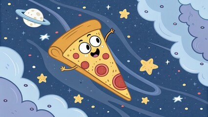 Cheerful animated pizza slice with a face soaring through a whimsical outer space scene filled with stars and planets.