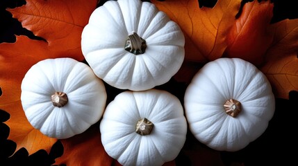 Four small, white pumpkins rest atop autumn leaves