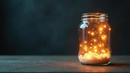Enchanted Glass Jar with Glimmering Fairy Lights and Sparkling Snow on Rustic Wooden Table