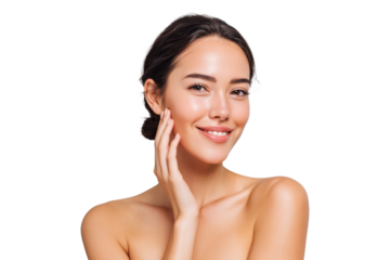 Smiling young woman with healthy glowing skin touching face, beauty skincare, isolated on transparent background