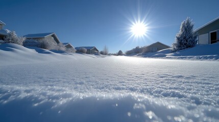 Snowy residential street on a bright sunny day