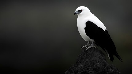 Fototapeta premium A striking black-winged kite with brilliant white plumage perched on a dark volcanic rock against a moody background.