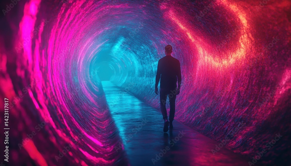 Poster silhouette walking through vibrant dimensional tunnel with luminous texture