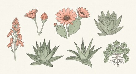 Five Artistic Line Drawings of Flowering Succulents and Cacti