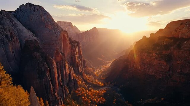 Stunning sunset over the mountains in zion national park utah
