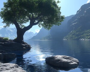 Tranquil lake, tree, mountains