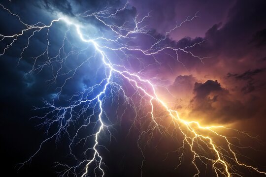 Dramatic lightning storm with blue and orange bolts.
