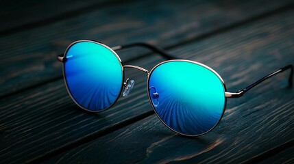 Round Blue Sunglasses on Wood
