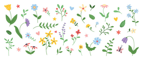 Collection of spring colorful flower elements vector. Set floral of wildflower, leaf branch, foliage on white background. Hand drawn blossom illustration for decor, easter, thanksgiving, clipart.
