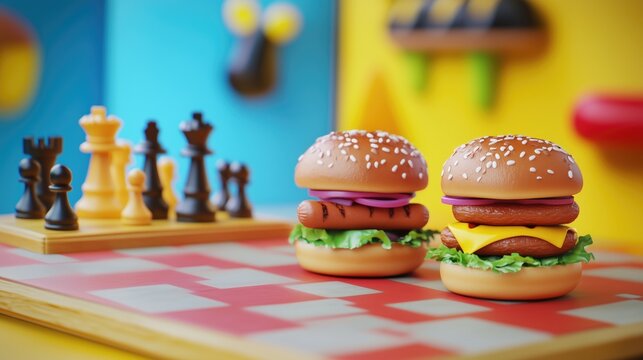 Toy hamburgers and chess pieces on colorful playboard in vibrant playroom setting
