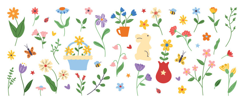 Collection of spring colorful flower elements vector. Set floral of wildflower, leaf branch, foliage on white background. Hand drawn blossom illustration for decor, easter, thanksgiving, clipart.