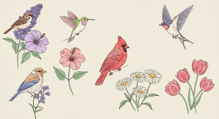 Minimalist Line Art of Five Birds and Florals