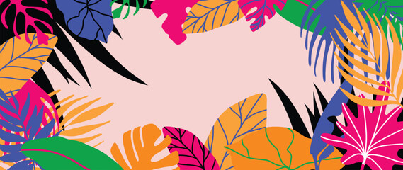 Summer tropical jungle background vector. Colorful botanical with exotic plants, monstera, flowers, palm leaves. Happy summertime illustration for poster, cover, banner, print.