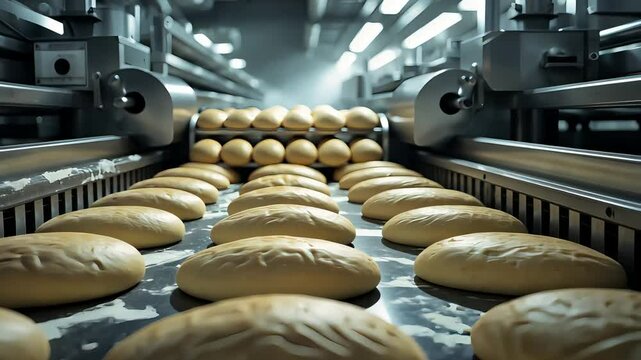 Freshly baked loaves of bread moving along a conveyor belt in a modern industrial bakery.

