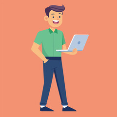Young Man Using Laptop Concept Vector Illustration
