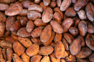 Cocoa beans are rich source of flavor and texture, showcasing their natural beauty in this close up view. earthy tones and unique shapes of each bean create captivating scene