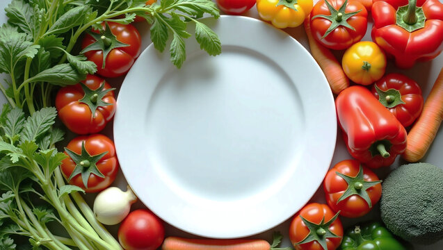 Plate Surrounded by Fresh Vegetables, for Vegetarian and Vega World food day, Fiber and Healthy Eating