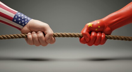 Tug-of-War: American and Chinese Flags on Hands Grappling for Control