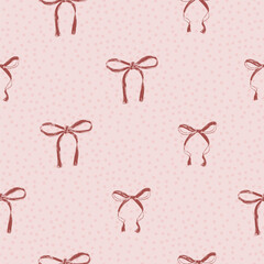 Coquette bows seamless pattern. Retro bowknotes girly endless background. gift ribbons repeat cover. Party crayon drawn continuous ornament.Vector hand drawn illustration.