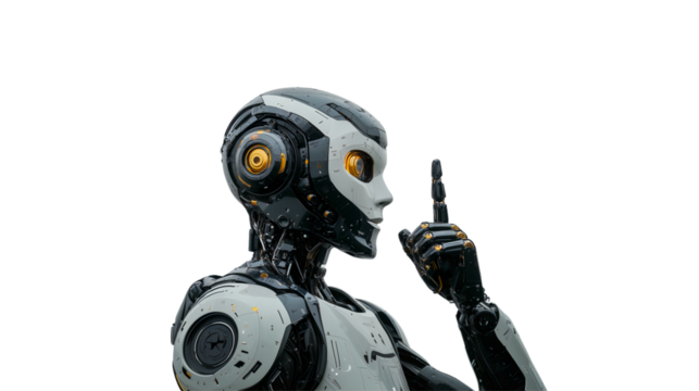 Robot with details stands silently, finger raised, PNG, created with Generative AI
