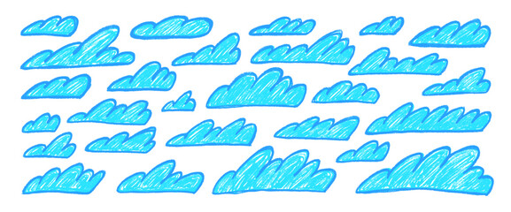 Crayon line clouds set. Naive hand drawn sky. Kids chalk textured elements. Pastel scribble cloudy weather speech bubbles. Vector charcoal or wax pencil drawn illustration on white background.